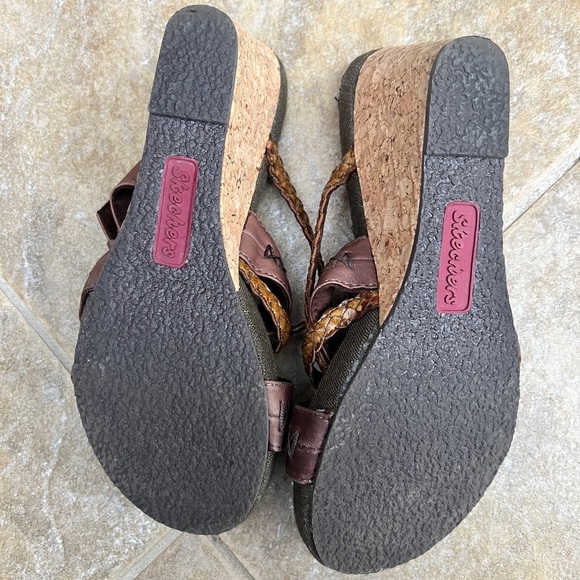 Y2K Skechers Leather Braide Modiste Electric Bond Chocolate Cork Wedge Sandals 8 - Picture 4 of 14